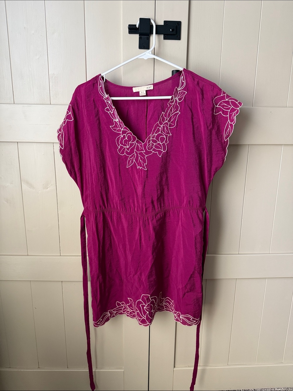 Forever 21 Magenta Floral Embroidered V-Neck Dress with tie backing